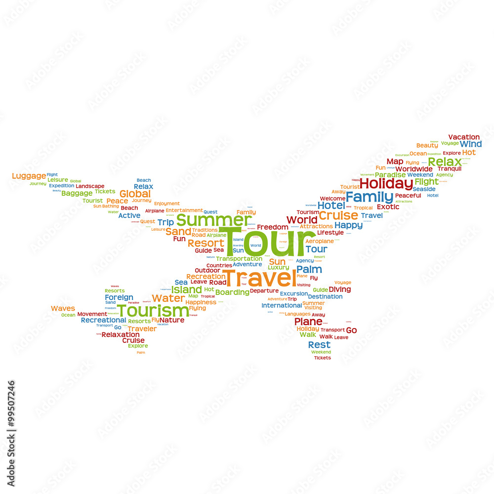 Naklejka premium Vector conceptual travel or tourism plane word cloud