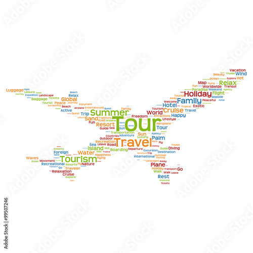 Vector conceptual travel or tourism plane word cloud