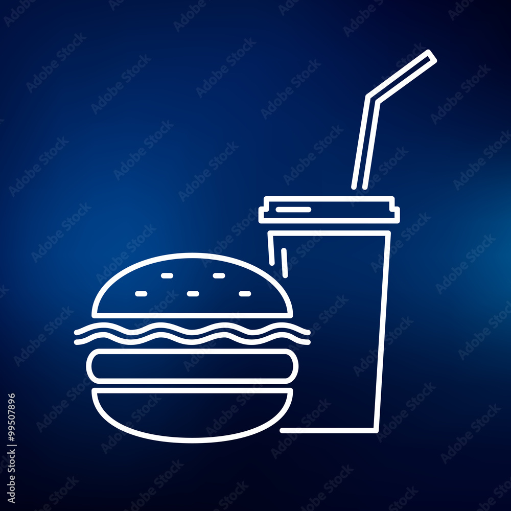 Hamburger and softdrink takeout icon. Cheeseburger and soda takeaway sign. Burger and cooldrink fastfood symbol. Thin line icon on blue background. Vector illustration. Hamburger and softdrink takeout icon. Cheeseburger and soda takeaway sign. Burger and cooldrink fastfood symbol. Thin line icon on blue background. Vector illustration.