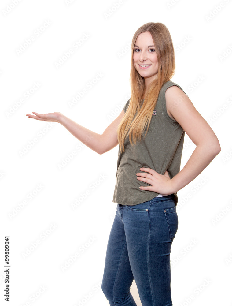 Young woman pointing to the side Young woman pointing to the side