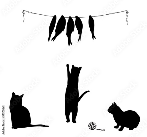 Cat climbs to dried fish, three cat silhouettes. Vector illustration.