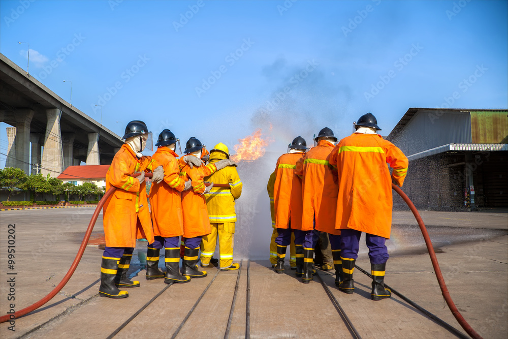 Fototapeta premium Firefighters training, The Employees Annual training Fire fighting