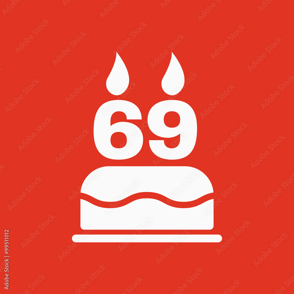The birthday cake with candles in the form of number 69 icon. Birthday symbol. Flat The birthday cake with candles in the form of number 69 icon. Birthday symbol. Flat