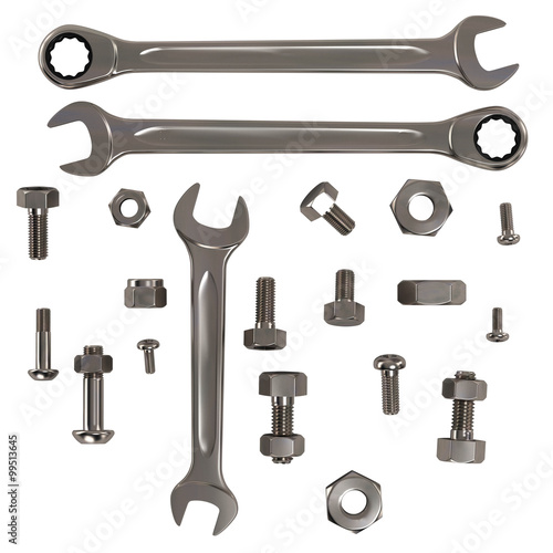 Set of Nuts, Bolts and Wrenches Isolated on White.
