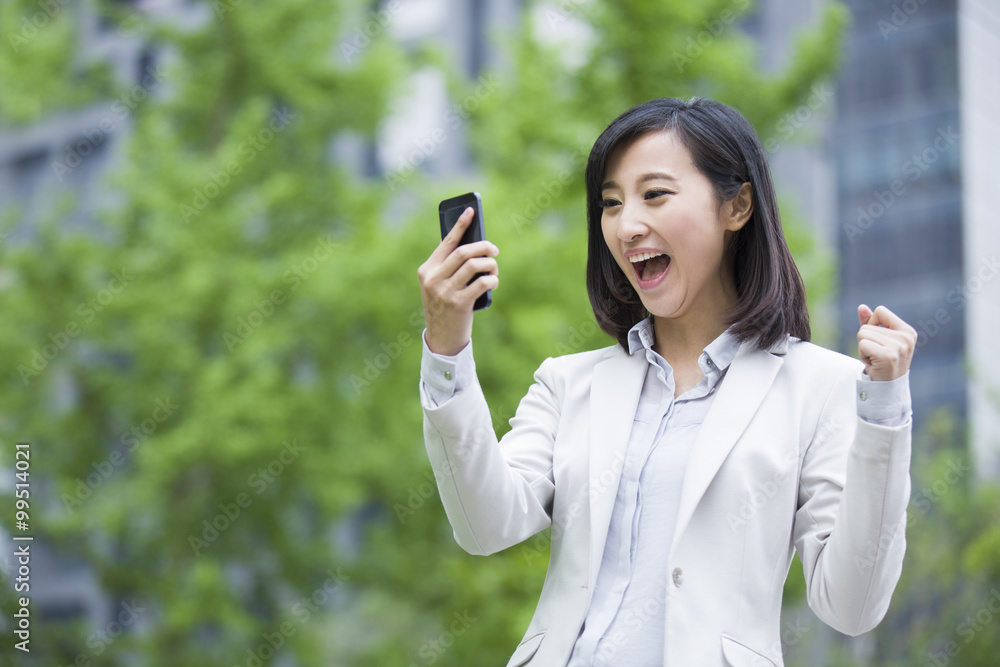 Excited young businesswoman with mobile phone Excited young businesswoman with mobile phone