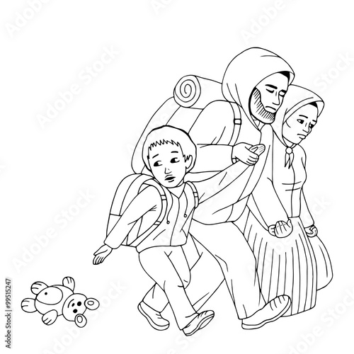 Graphic sketch of immigrant family: mother, father and little boy. Refugees family isolated, vector illustration.