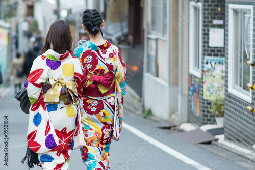 Back view of women in a kimono, Kyoto, Japan, selective focus, copy space