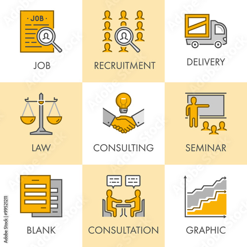 Vector linear and flat business icons for web. Job, recruitment,