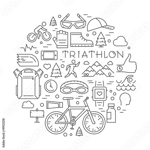 Line triathlon logo and icons. Vector sport label and badge for