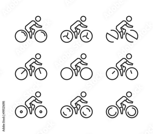 Vector line cycling icon set. Cyclist silhouette figures.