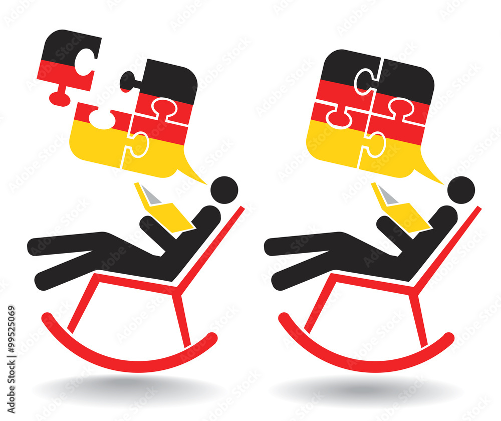 Naklejka premium German student autodidact. Icon with man holding book on the rocking chair with Puzzle speech bubbles with German flag. Vector available. 
