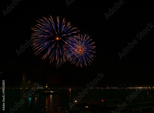 Big colorful fireworks explode in Venice in dark sky,New Year fireworks in Venice, 4 July, Independence, fireworks explode, New Year, Venice, Italy © renatados