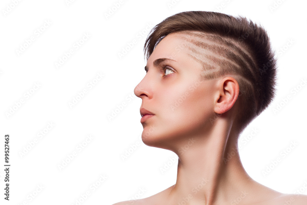 beautiful young woman look up, modern short hair beautiful young woman look up, modern short hair
