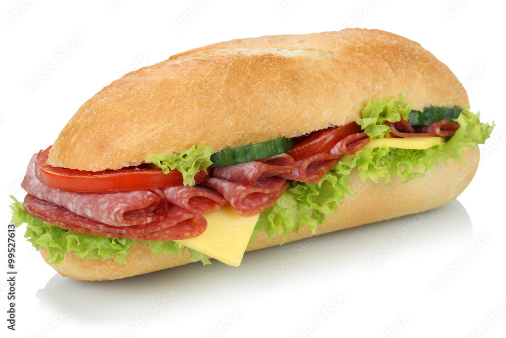 Sandwich Baguette belegt mit Salami Freisteller Sandwich Baguette belegt mit Salami Freisteller