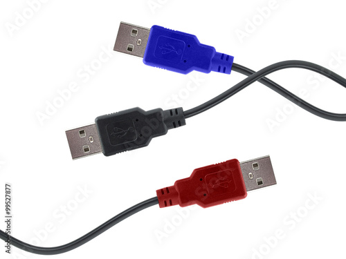 three colorful usb connector isolated on white background, peripheral for connecting digital devices to transfer data