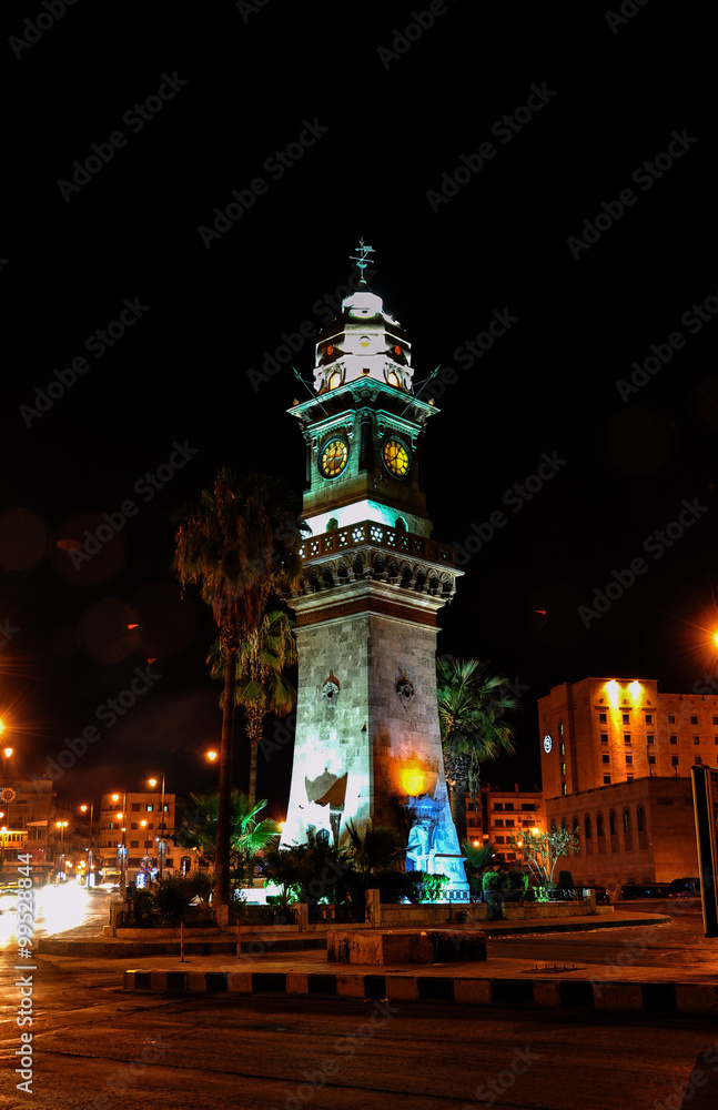 Fototapeta premium Aleppo clock tower at night photo: October 10, 2010