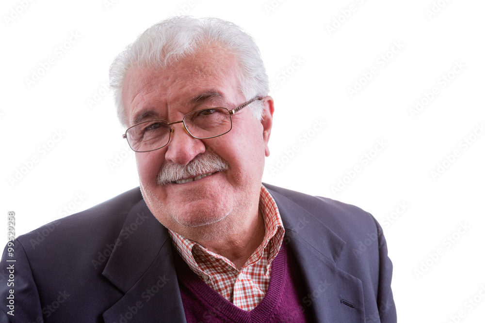 White-haired retired man looking at the camera White-haired retired man looking at the camera