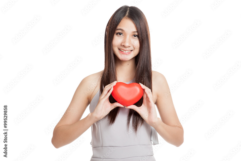 Beautiful young Asian woman smile with red heart Beautiful young Asian woman smile with red heart