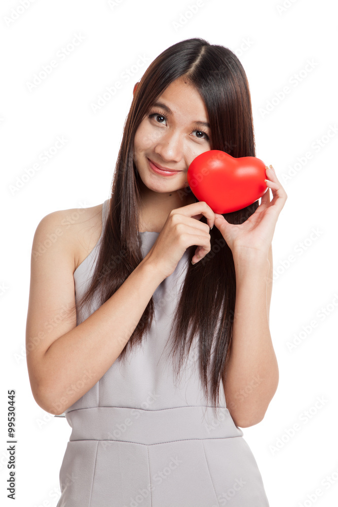 Beautiful young Asian woman smile with red heart Beautiful young Asian woman smile with red heart