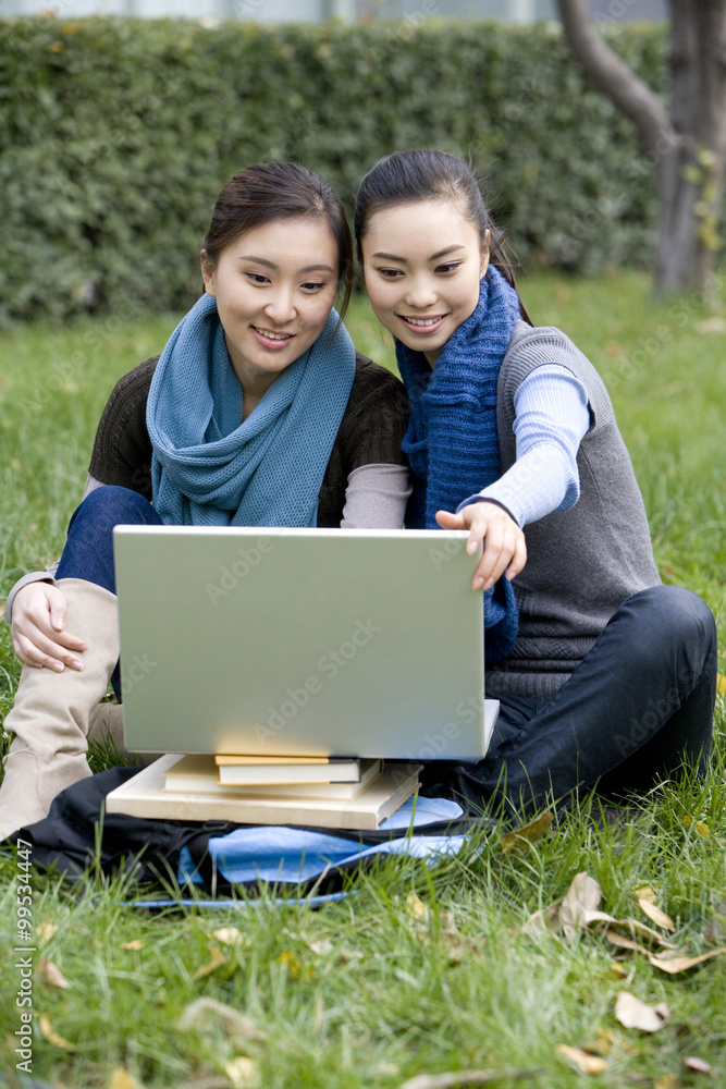 Two friends looking at a laptop while sitting outside in a grassy area Two friends looking at a laptop while sitting outside in a grassy area