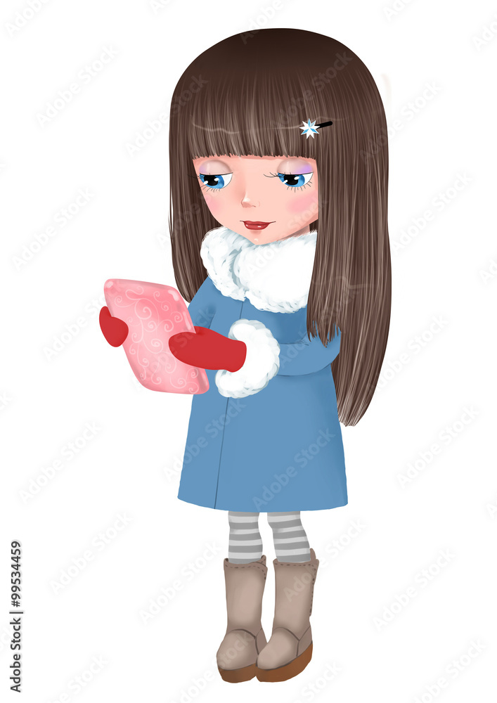 Cute Little Girl with a tablet in a winter day Cute Little Girl with a tablet in a winter day