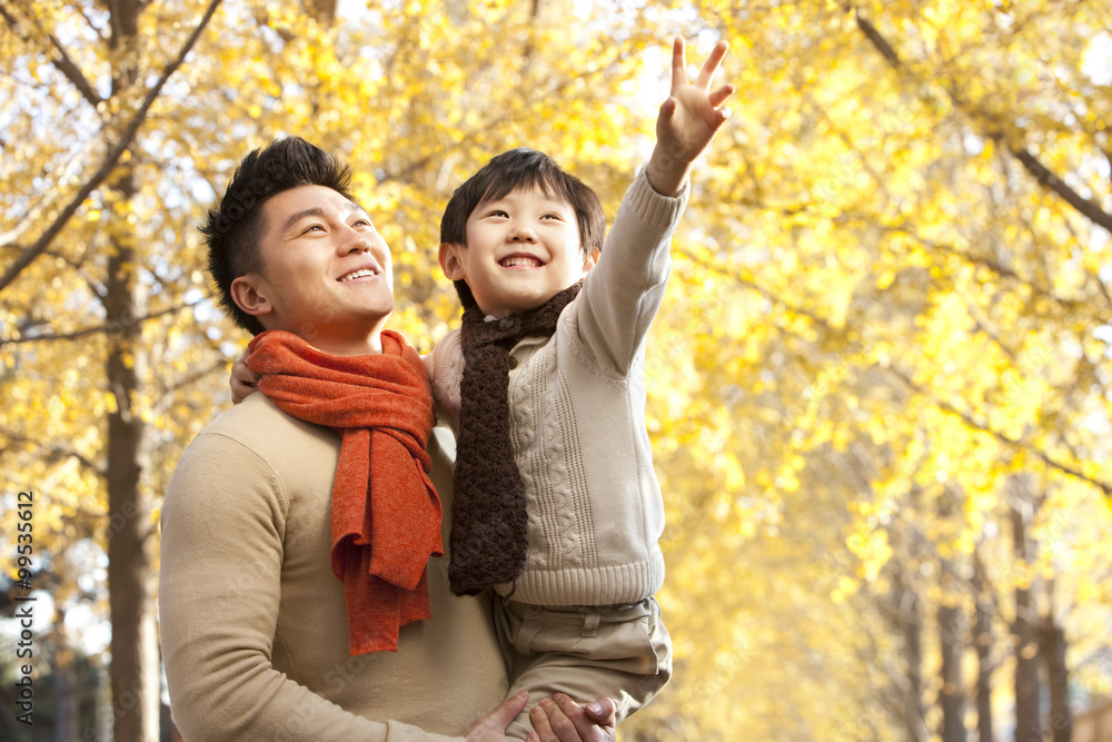 Father lifting son pointing to Autumn trees