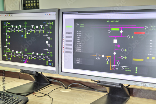 Computers and monitors with schematic diagram for supervisory, control and data acquisition in modern electrical control room photo