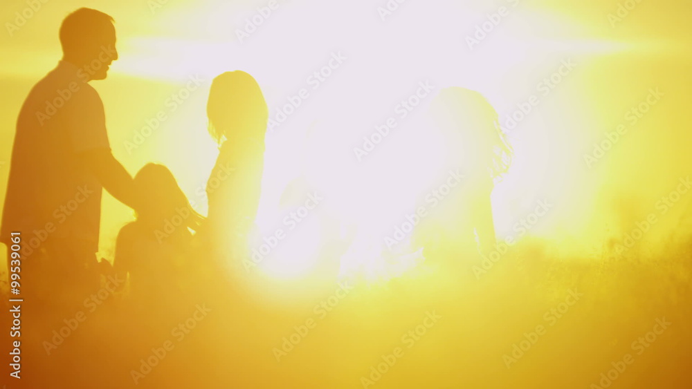 Heterosexual Parents Daughters Sunrise Silhouette Outdoors Loving Casual Leisure Heterosexual Parents Daughters Sunrise Silhouette Outdoors Loving Casual Leisure