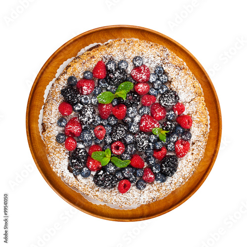 Very Berry Coffee Cake on white background. Selective focus.