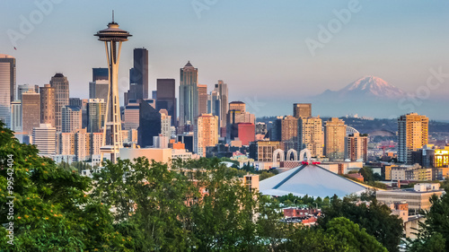Seattle skyline panorama at sunset, Washington State, USA