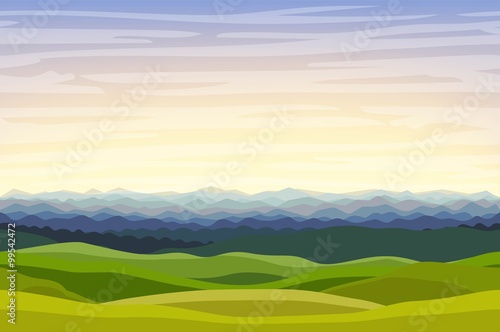 Cartoon vector horizontal landscape background with green hills