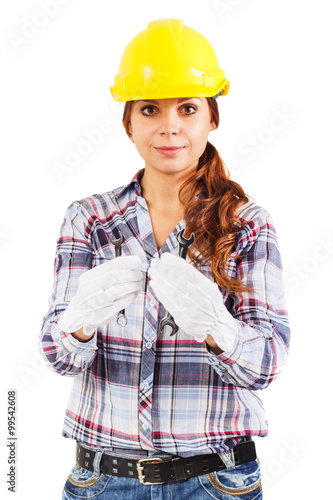 Portrait of woman in construction helmet and gloves