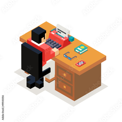 Writer reporter office workroom typewriter accessories isometric flat design vector illustration