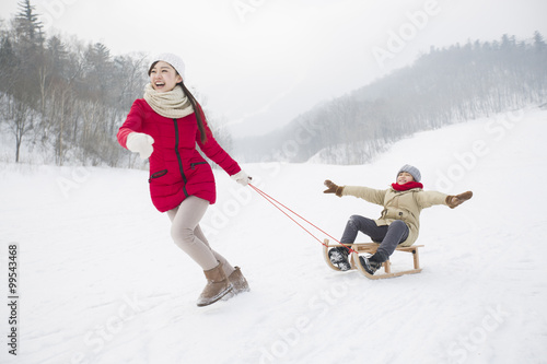 Canvastavla Young mother pulling son on sled