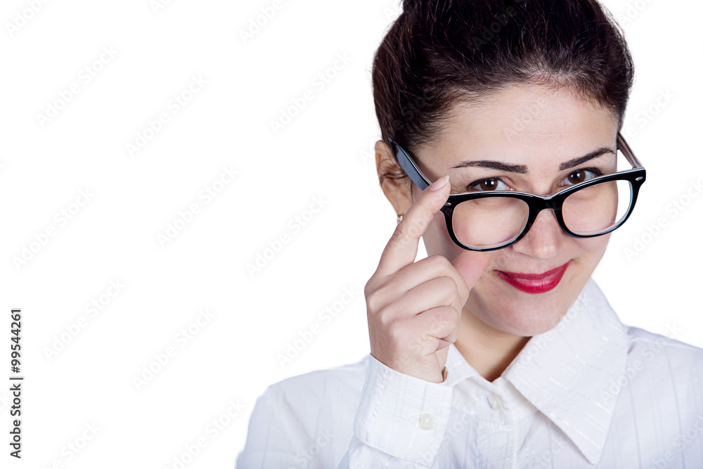 Business woman with glasses.Young bussines woman holding glasses looking throw them. Business woman with glasses.Young bussines woman holding glasses looking throw them.