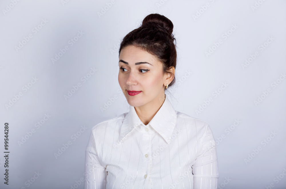 Happy woman excited looking to right. Young woman smiling very happy surprised looking to right. Happy woman excited looking to right. Young woman smiling very happy surprised looking to right.