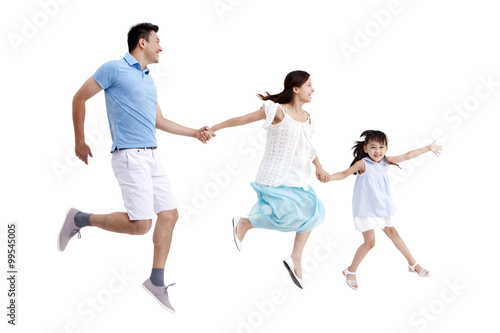 Excited family jumping, hand in hand