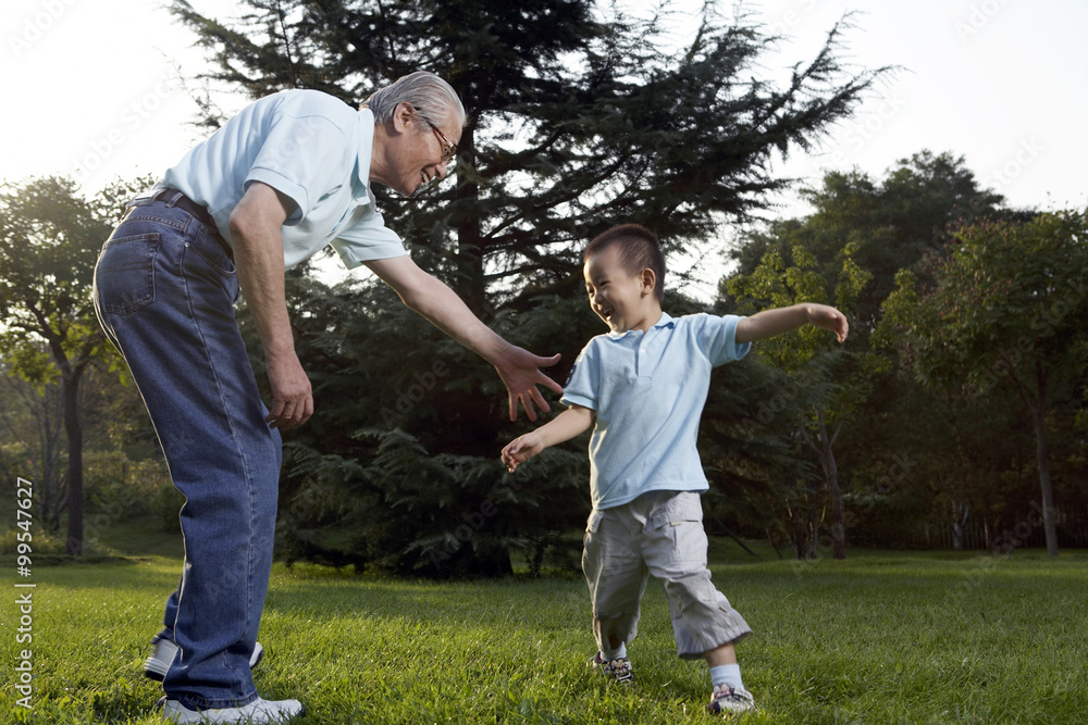 Grandfather And His Grandson Playing Together In Park Grandfather And His Grandson Playing Together In Park