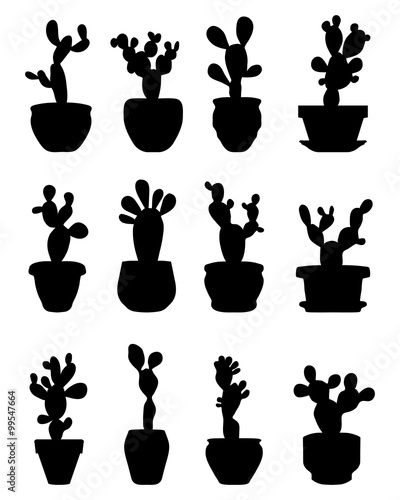 Black silhouettes of cactus at potted, vector