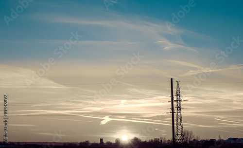 High-voltage tower in the evening