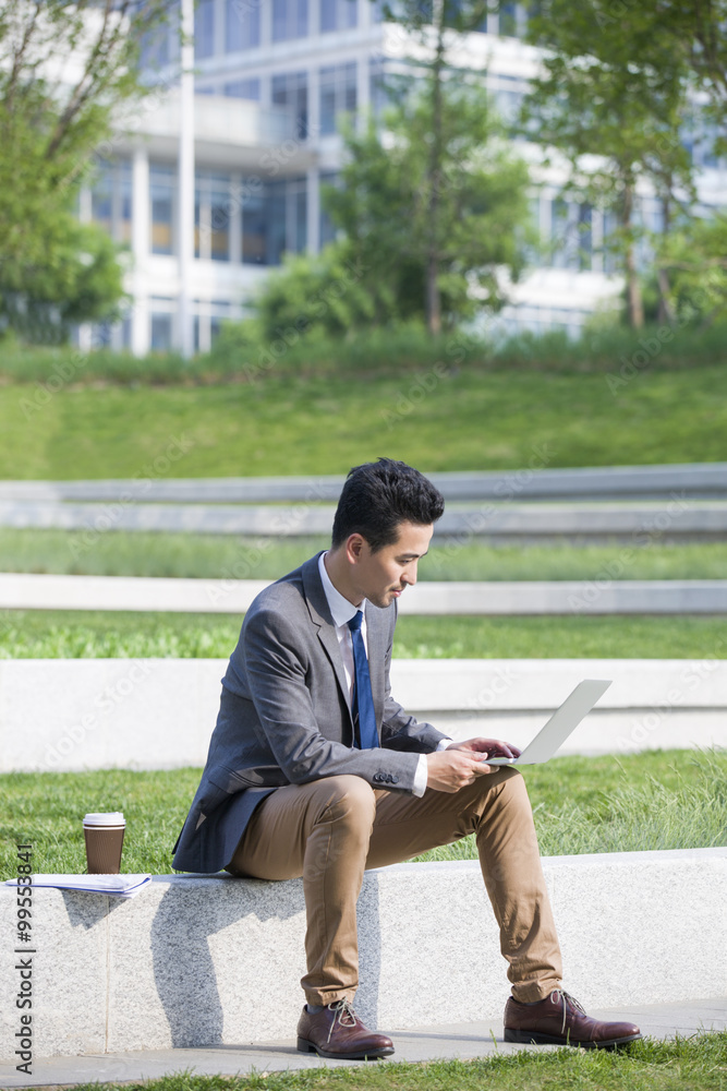 Businessman using laptop outdoors