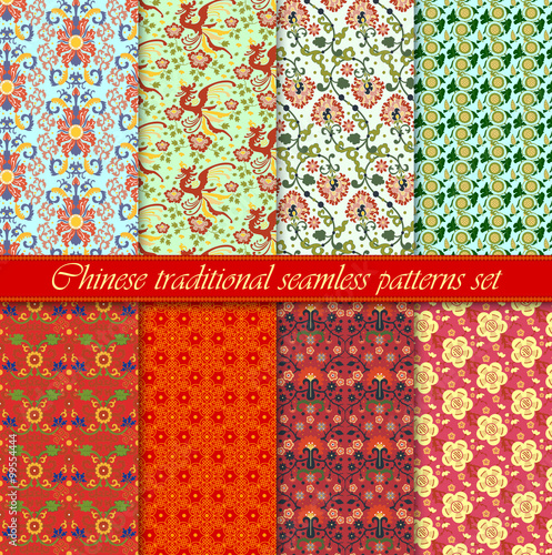 Chinese asian seamless vector pattern background set. Traditional ornament.
