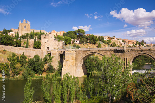 Toledo, Spain town skyline on the Tagus River.