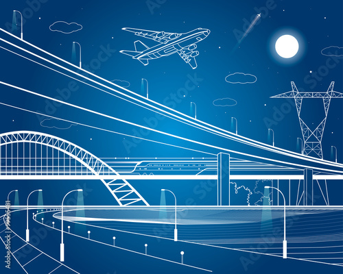Car overpass, infrastructure, urban plot, the plane takes off, vector design art