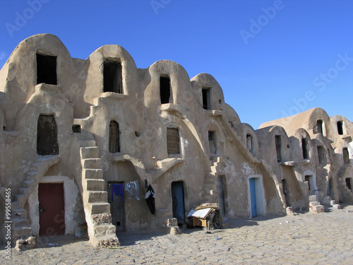 Tunisia. Medenine. Fragment of old Ksar located inside village. There were formerly fortified granaries (Ghorfas), now is uses mostly as stores