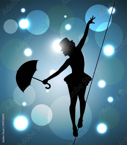 tightrope walker girl with umbrella balancing on the wire