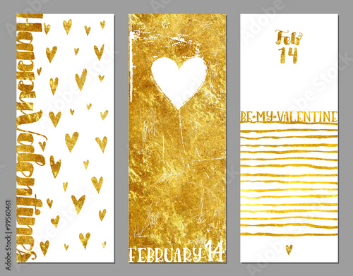Gold Foil Valentine Banners - Valentine's vertical banners with hearts and gold foil texture on white background, abstract, whimsical, hand drawn backgrounds and elements
