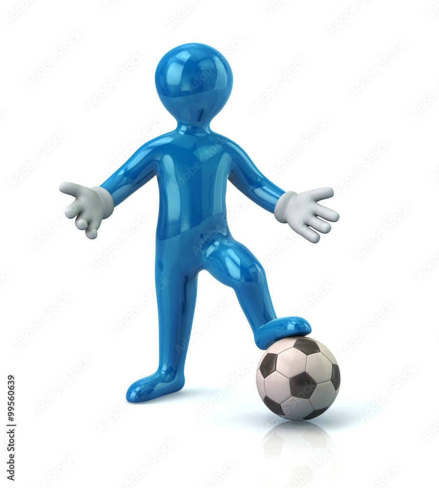 Blue cartoon character man standing on a soccer ball Blue cartoon character man standing on a soccer ball