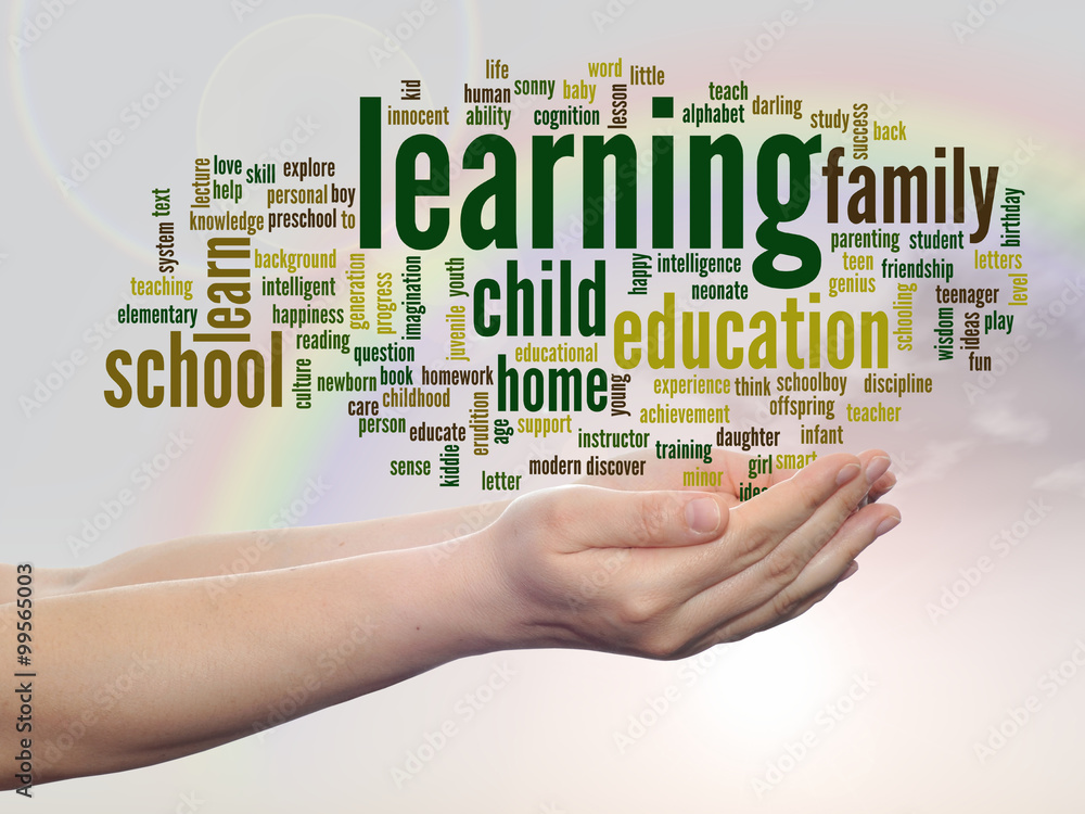Conceptual education word cloud over rainbow