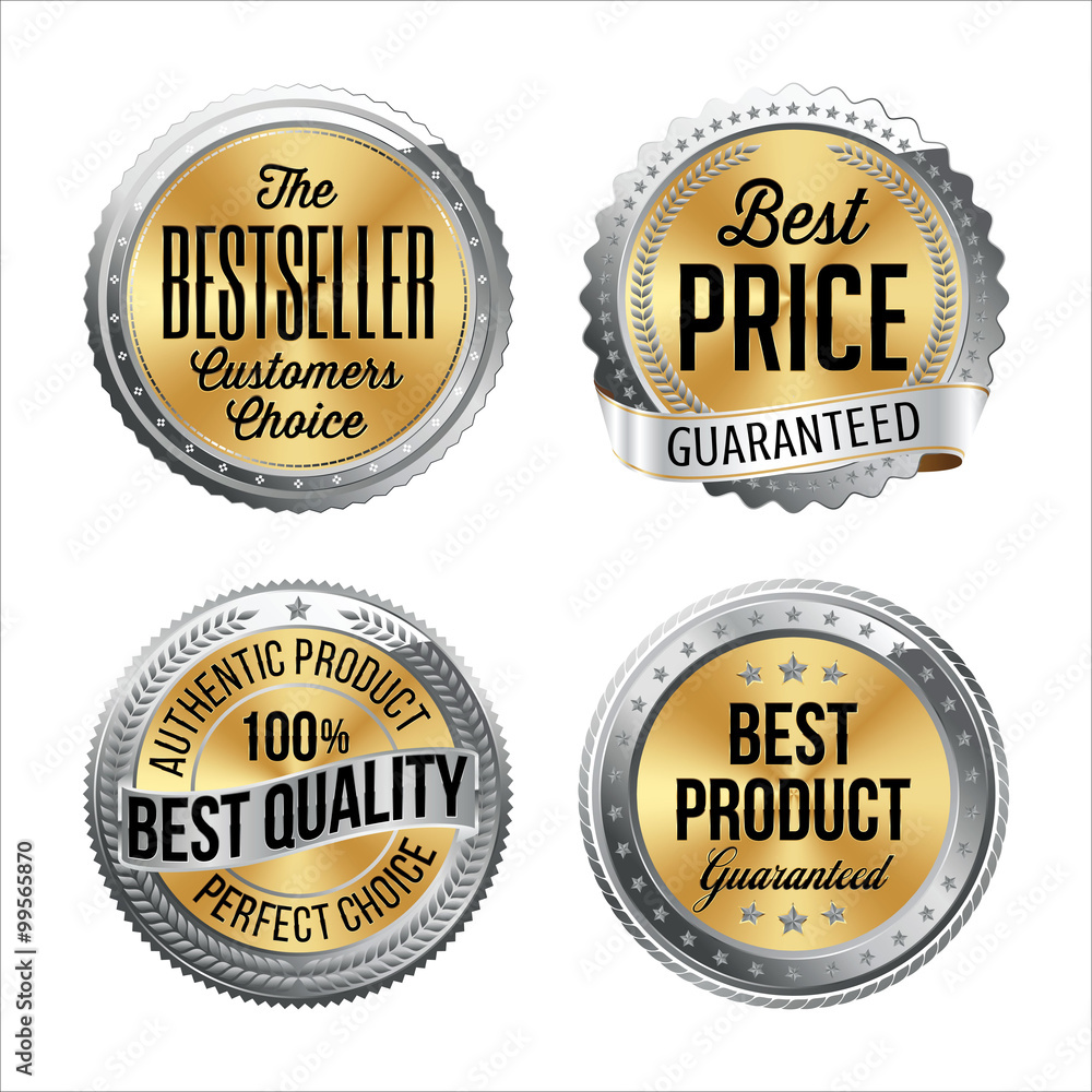 Silver and Gold Badges. Set of Four. Bestseller, Best Price, Best Quality, Best Product.